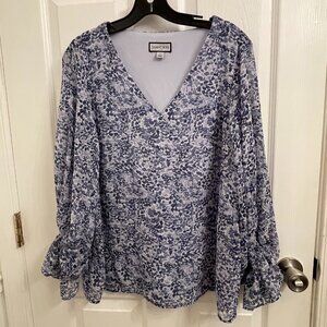 Sam and Jess V Neck Lined Blouse Blue Floral Balloon Sleeve size M
